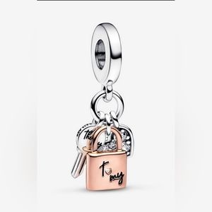 Authentic NEW Pandora Two-Tone Key Padlock & Heart Triple Dangle Charm 14K RGP